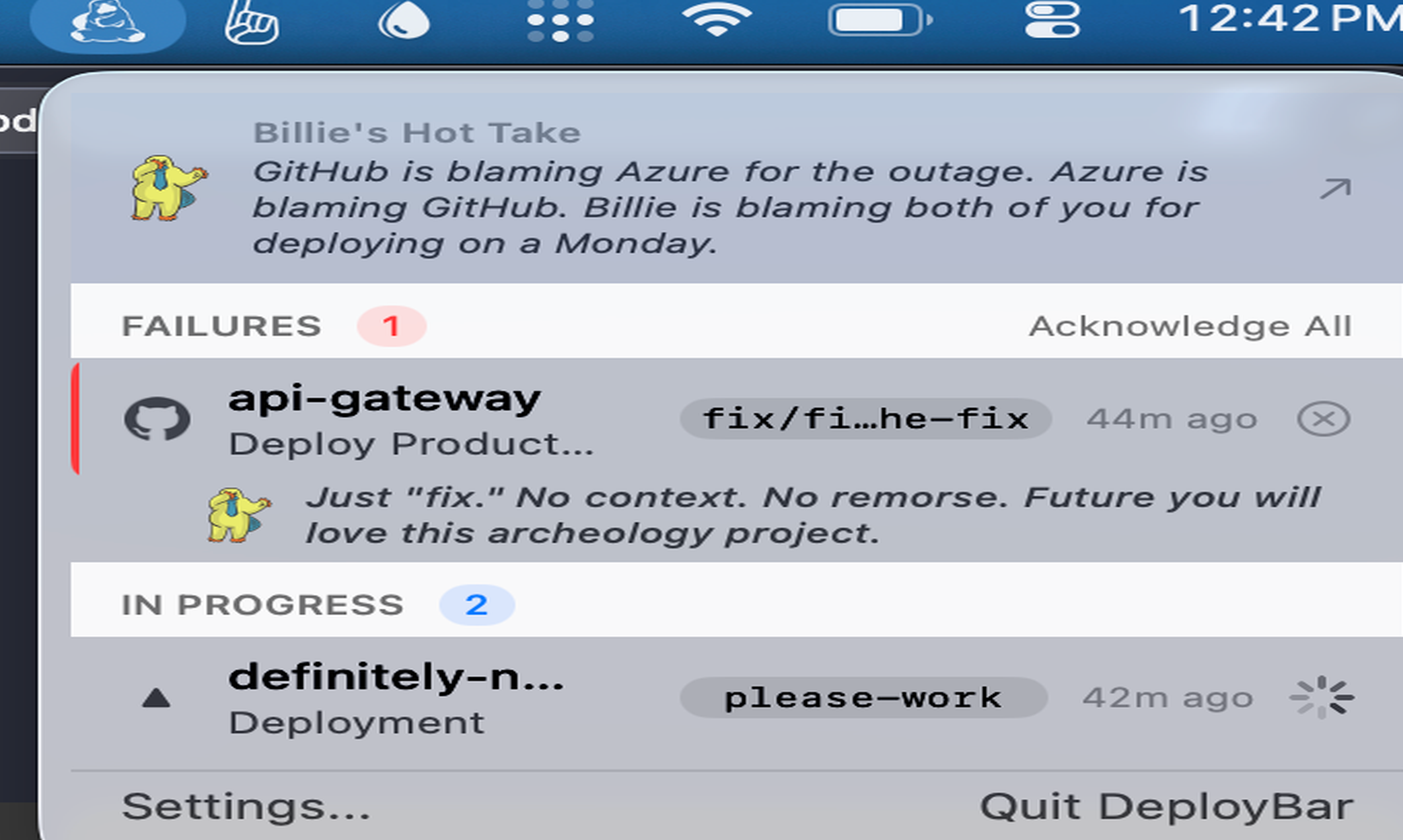 DeployBar dropdown showing Billie's Hot Take, a failed deploy, and two in-progress deploys